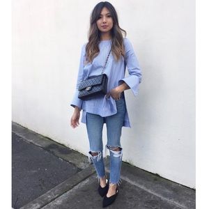 Zara blue white stripe woven top shirt blouse XS